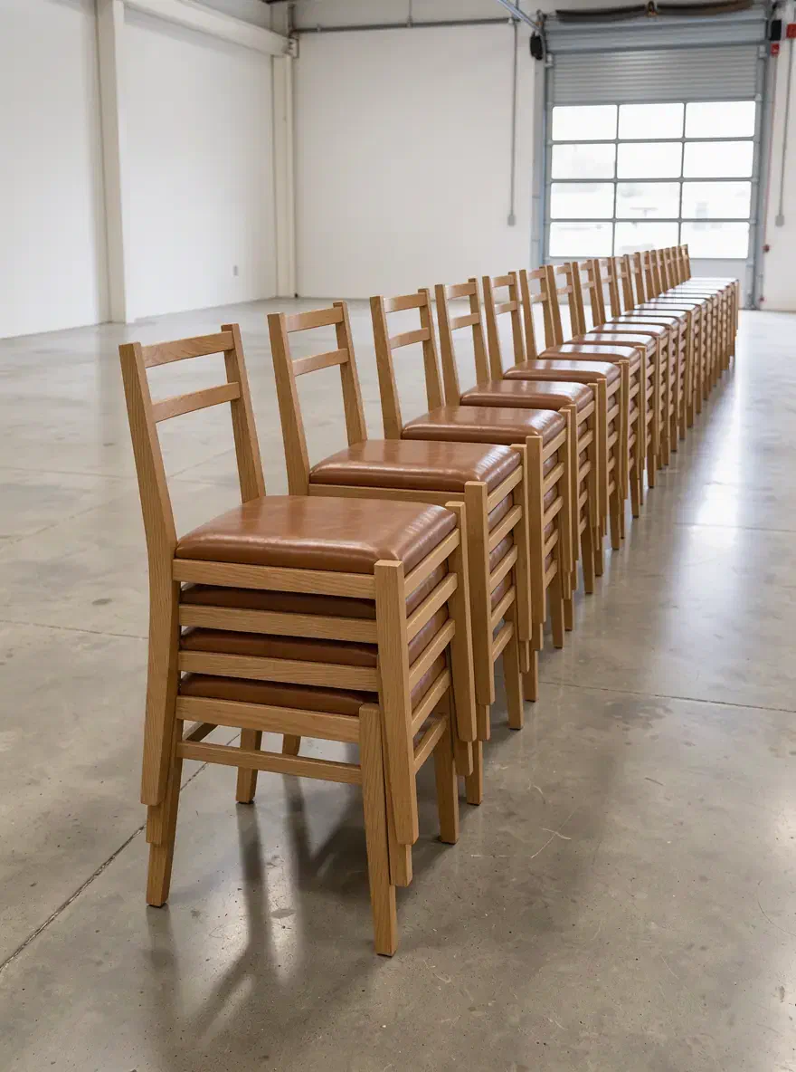 Rows of oak stacking chairs with cognac seats stacked eight high on a concrete floor