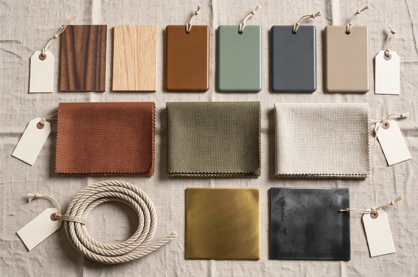 Wood veneer chips, powder-coat finish chips, upholstery swatches, outdoor rope and metal samples laid out on linen