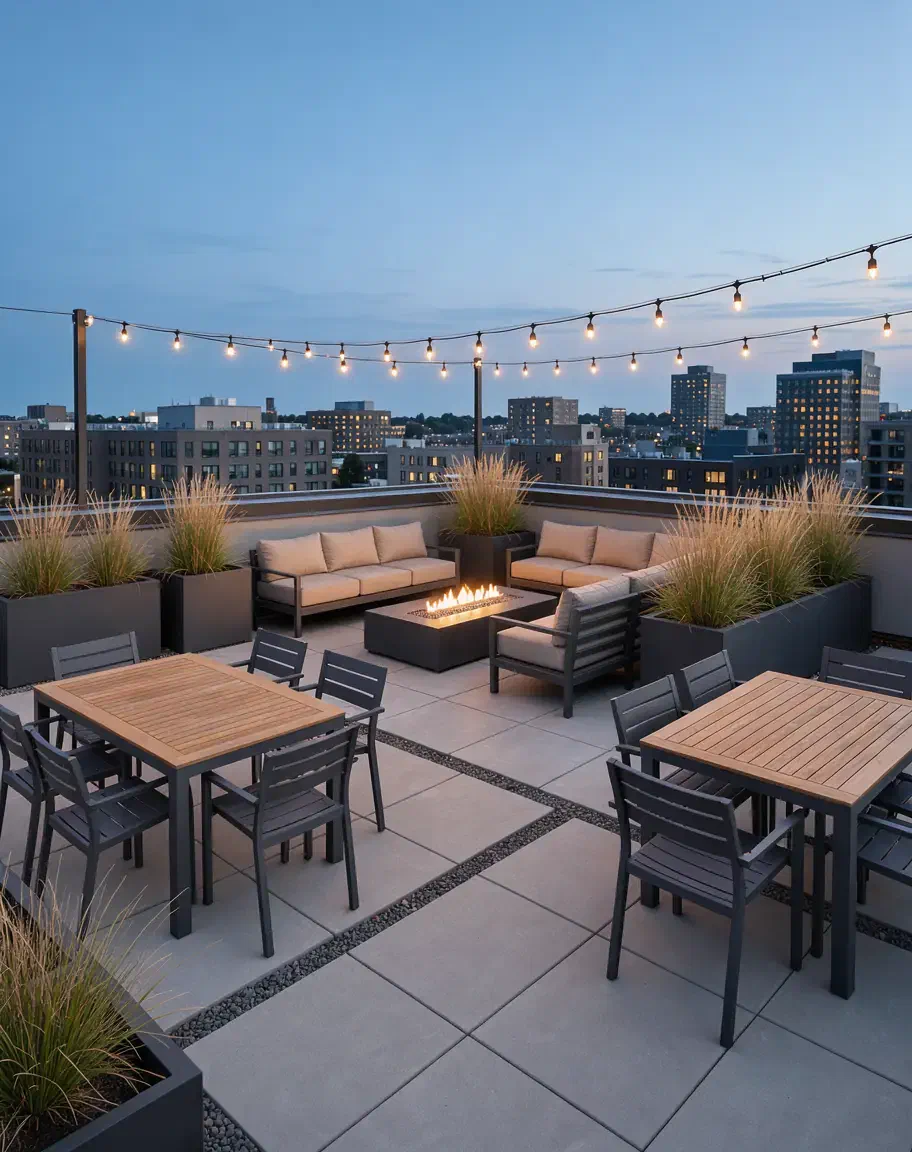 A rooftop deck at dusk with outdoor dining sets, lounge sofas around a fire table and string lights