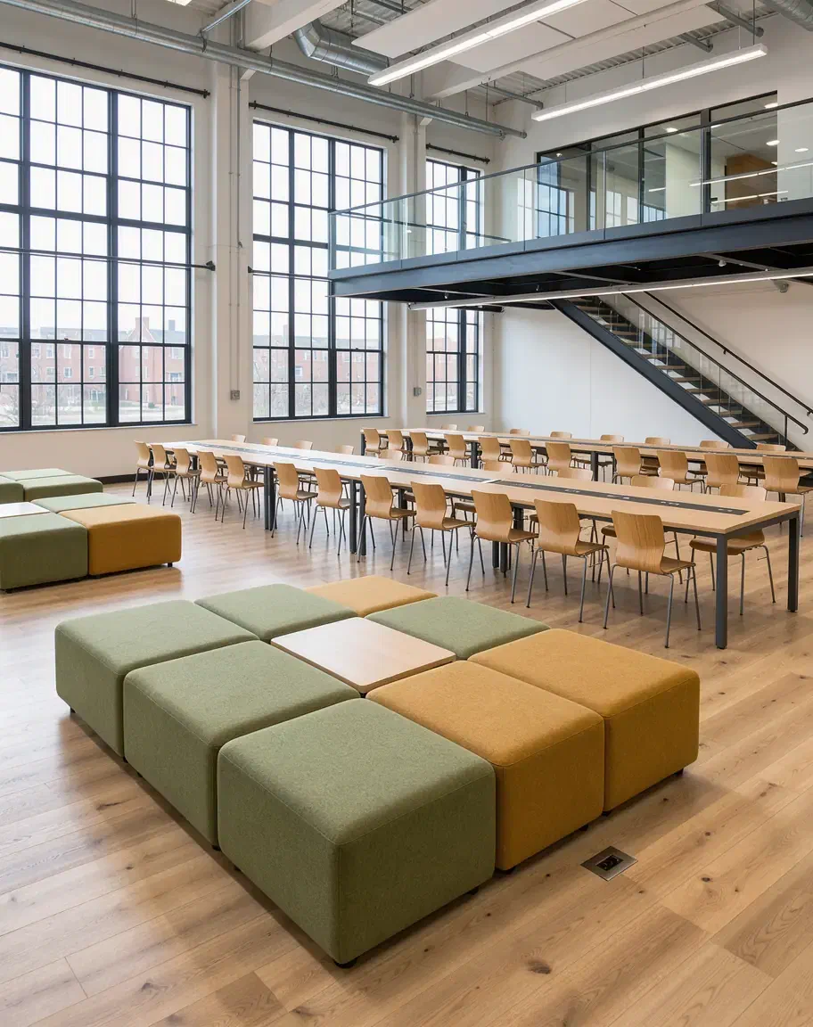A student commons with sage and ochre modular seating in front of long study tables