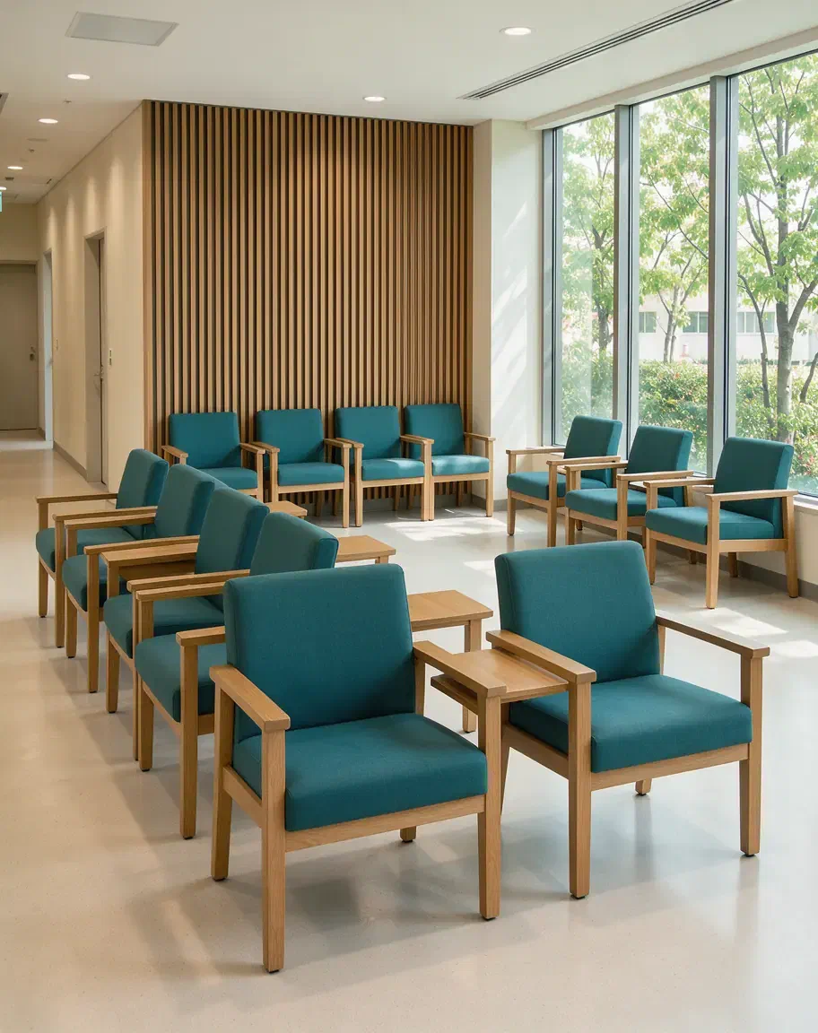 A clinic waiting area with rows of teal upholstered chairs with maple arms
