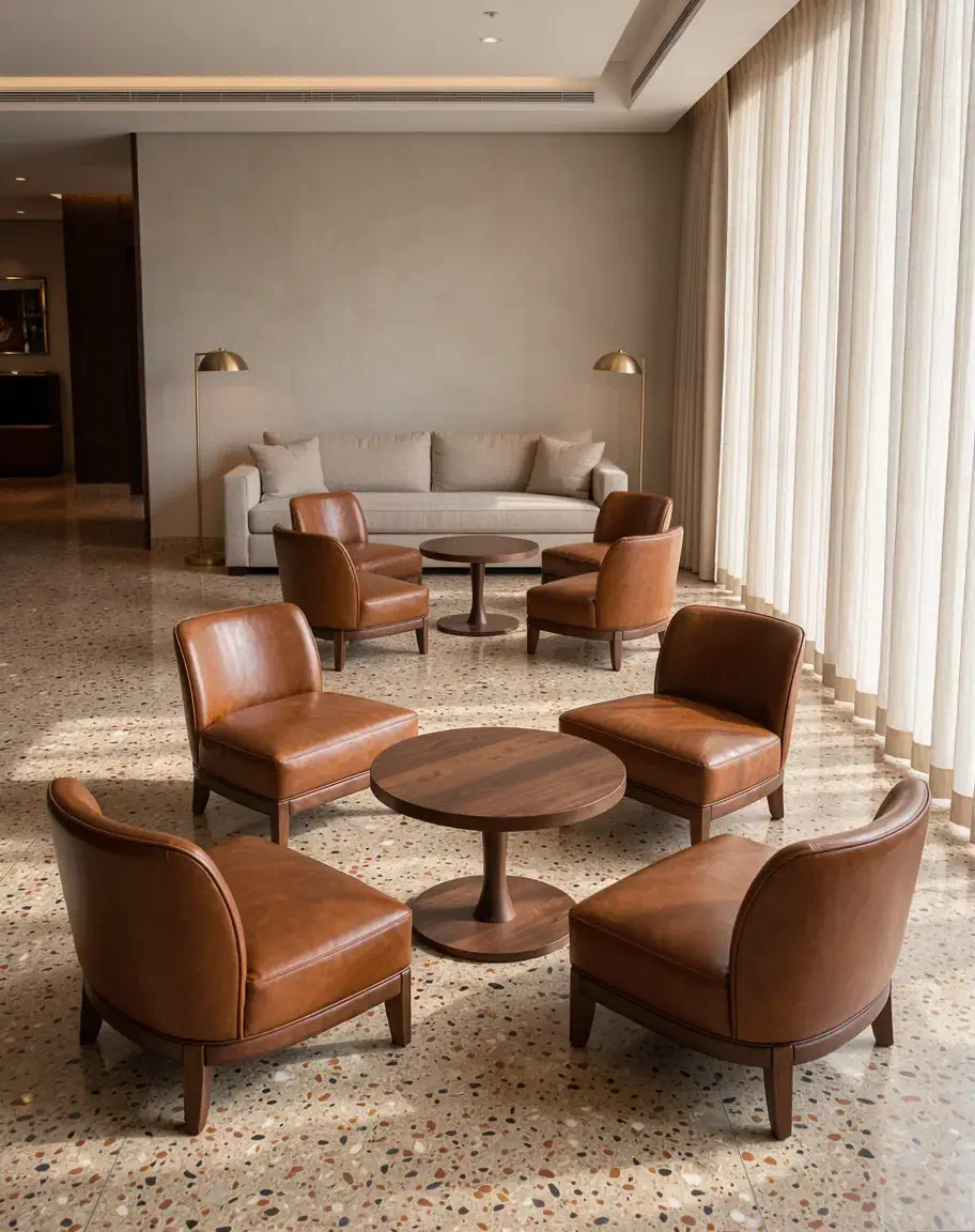 A hotel lobby lounge with cognac leather lounge chairs around round walnut tables on a terrazzo floor