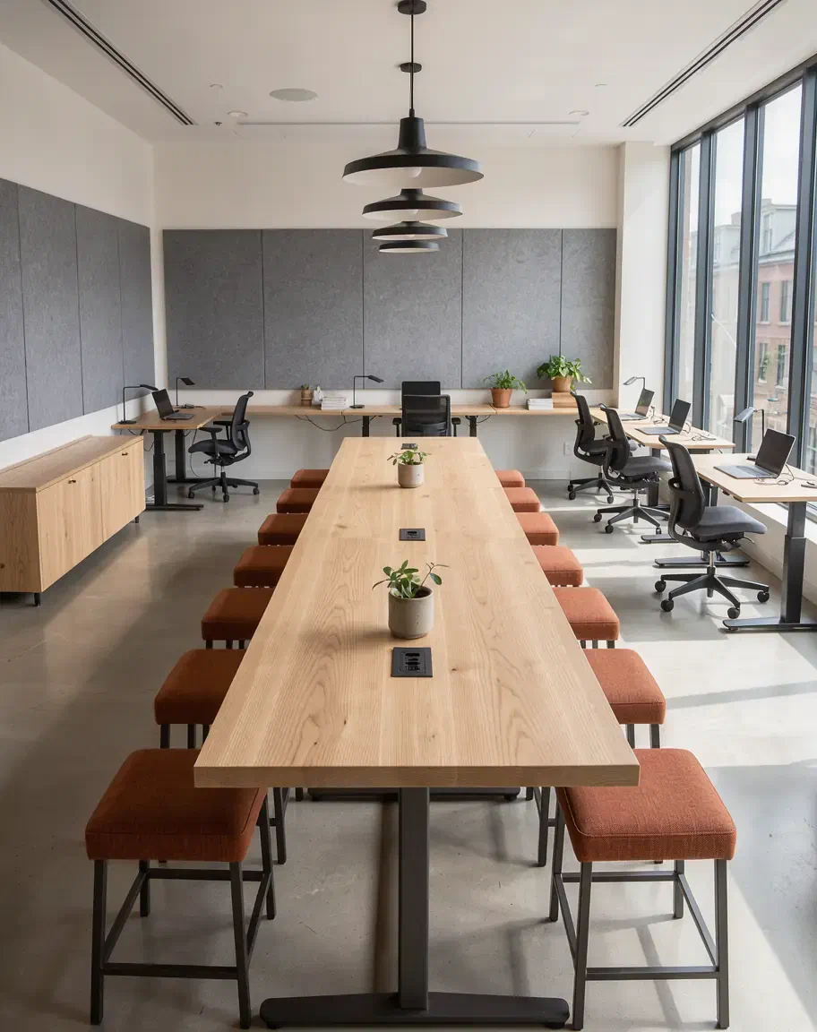 An office work café with a long oak table lined with rust-colored stools