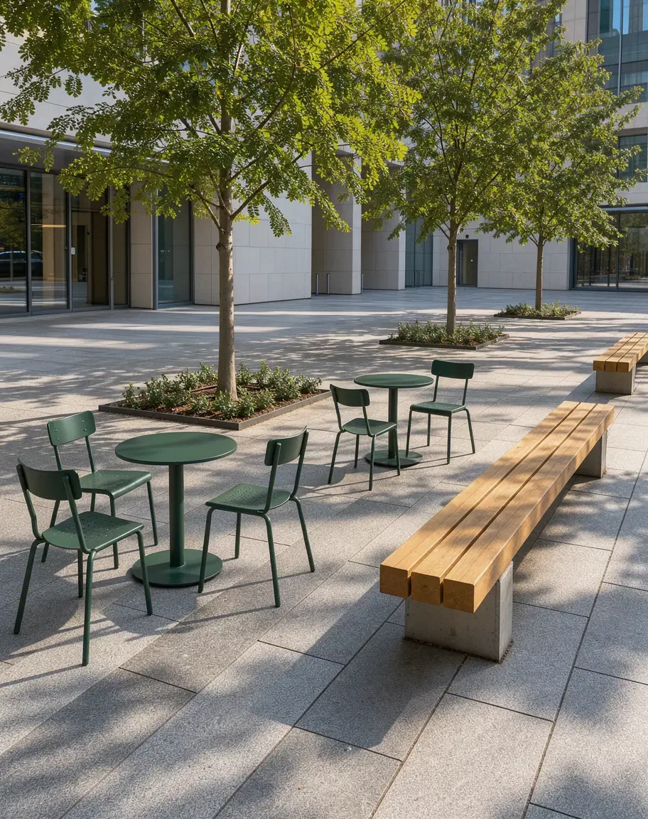 A tree-shaded plaza with green bistro chairs and tables and long timber benches