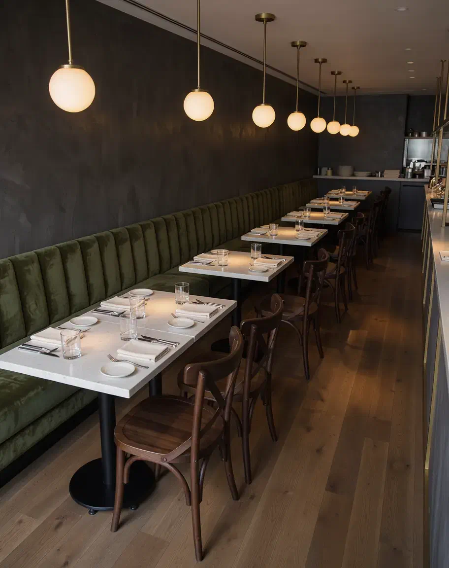 A narrow restaurant dining room with walnut chairs, white stone two-top tables and an olive velvet banquette